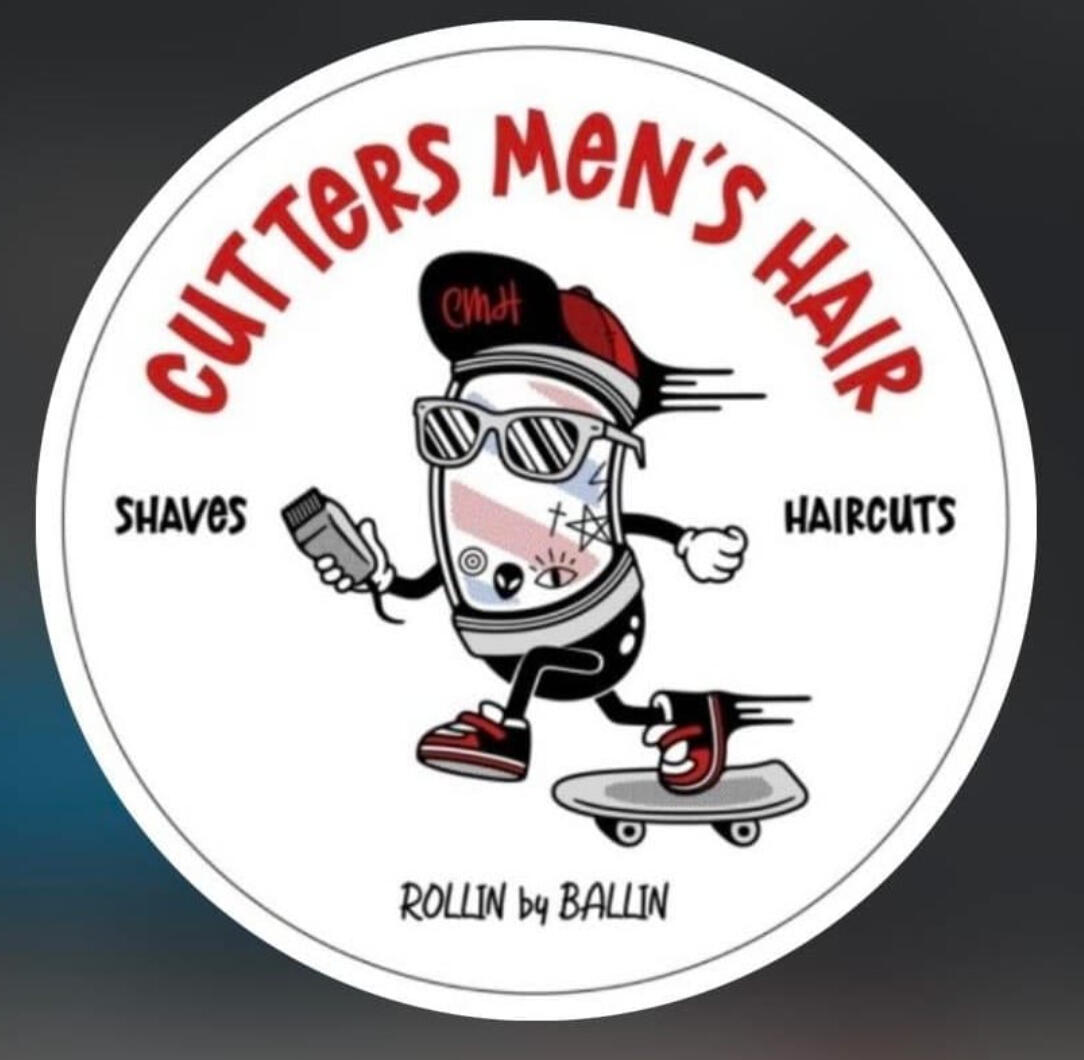 Cutters Men’s Hair barbershop in Hongdae logo featuring cartoon character on skateboard holding hair clippers